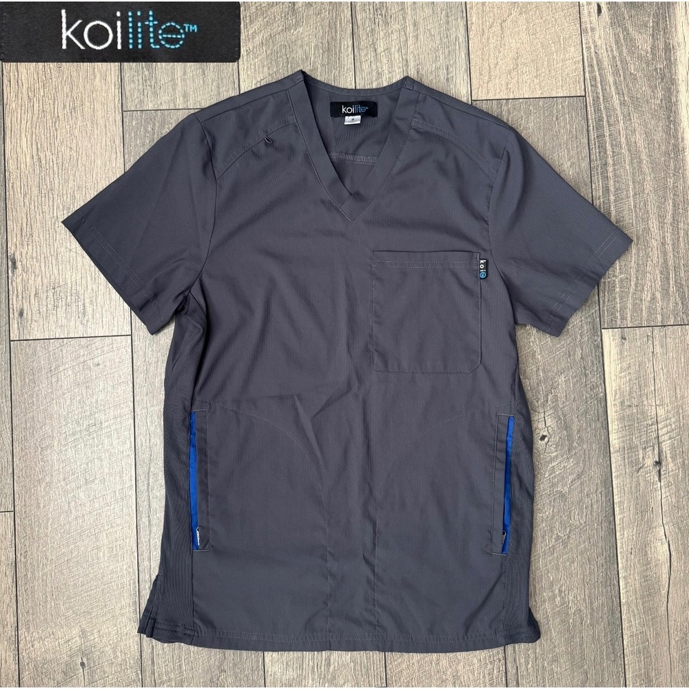 Y2K Koi Lite Force Scrub Top Charcoal Grey V-Neck Performance Stretch Mens Small